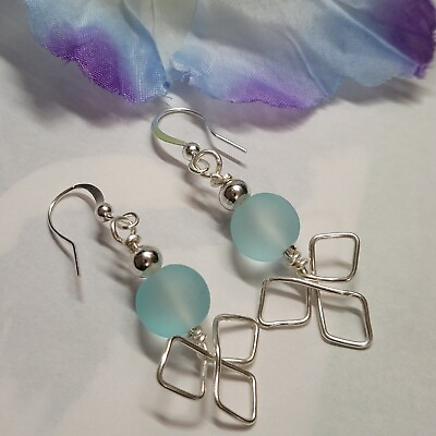 #ad SEA GLASS Earrings Aqua Blue Frosted Bead Silver French Wire Mother#x27;s Day Gift $19.99