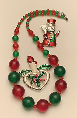 #ad Festive Holiday Christmas Enamel Red Green Rhinestone Brooch Necklace Lot $15.29