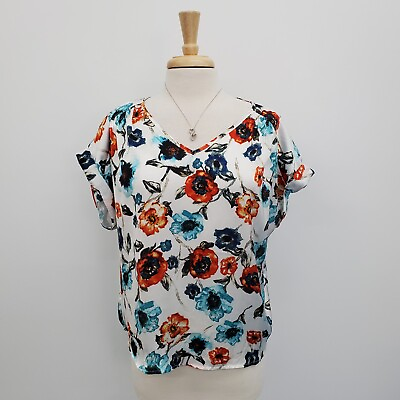 #ad Catherine Womens Floral Short Sleeve V Neck Top Blouse Size L Multicolor Career $20.98