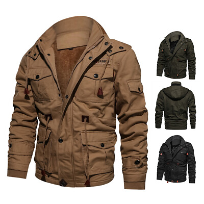 #ad Mens Winter Fleece Lined Jacket Warm Casual Hooded Zip Up Coat Outwear Retro $12.21