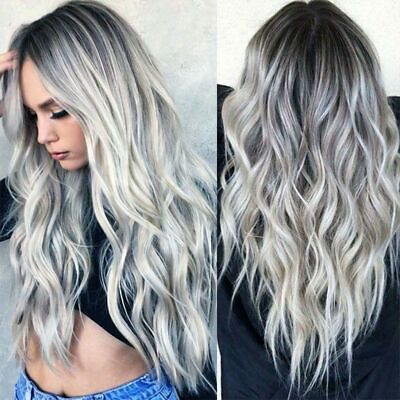#ad Fashion Women Long Full Wavy Wigs Gray Synthetic Curly Hair Cosplay Wig Faux $13.24
