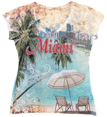 Florida Miami Beach Women Tops Short Sleeve V Neck Graphic Print T Shirt Bling $22.99