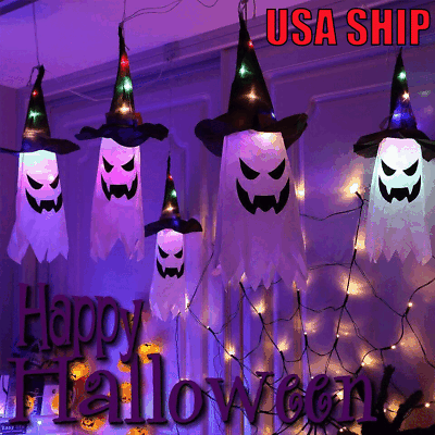 #ad Glowing Halloween Eve Night LED String Scary Hanging Ghost Party Hat Lantern 5P $7.55