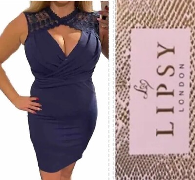 #ad Lipsy Blue Navy Bodycon Dress 14 Lace Detail Party Occasion Wedding Evening GBP 34.99