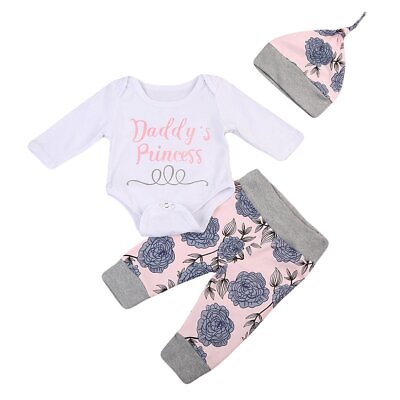 #ad 3Pcs Unisex Baby Clothing Sets Letter Print Romper Floral Pant Legging Hat $10.21