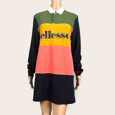 #ad Ellesse Pink Yellow Navy Color Block Stripe Rugby Shirt Dress Size 4 US 8 UK $28.00