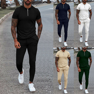 #ad Men#x27;s Tracksuits 2Pcs Outfits Casual Short Sleeve Zipper Shirt Pants Running Gym $30.79