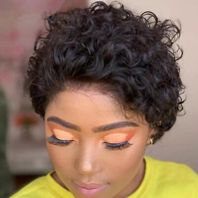 #ad Women Short Lace Front Wig Brazilian Human Hair Jerry Curly Pre Plucked Wig Soft $37.57