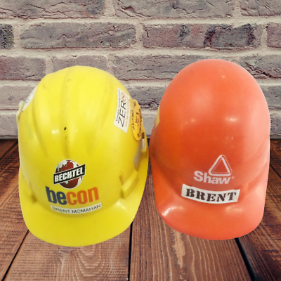 #ad Lot Of Two safety hard hat Yellow And Orange with different kind of stickers $59.95
