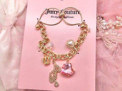 #ad New Juicy Couture Slider Pink Glass Crystal Heart Charm Pave Bracelet Adjustable $28.00