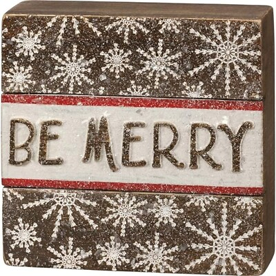 #ad Primitives by Kathy Holiday Box Sign BE MERRY Sparkle Glitter Christmas Decor $10.99
