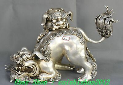 #ad 12quot; Antique Old Chinese Silver Fengshui Foo Fu Dog Guardion Lion Lions Statue $468.72