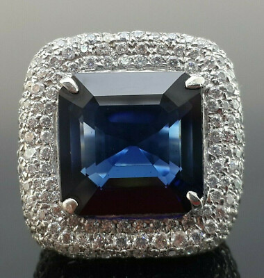 #ad Lab Created Studded Shank Men#x27;s Solid Statement Ring With Blue Princess Stone $280.00
