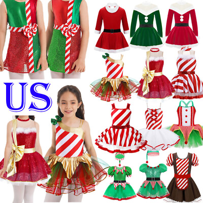 #ad US Kids Girls Ballet Tutu Dress Stripe Printed Skirted Leotard Christmas Costume $17.72