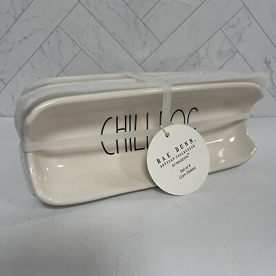 Rae Dunn quot;CHILI DOGquot; Corn Dishes Plates Set of 4 Ivory Hot Dog Holder Brand New $29.99
