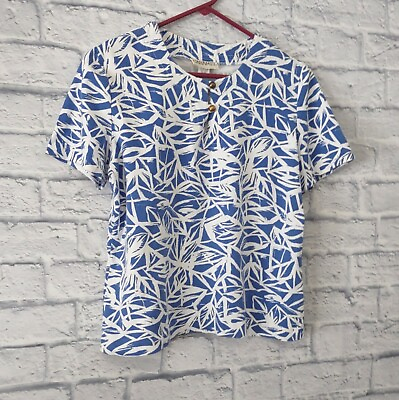#ad Caramel Womens Top Size L Short Sleeve Blue Pullover Blouse Tropical Leaf $9.72
