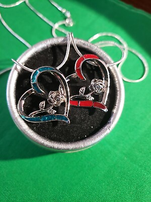 #ad New Blue or Red fire Opal heart With Rose On Stamped 925 Snake 18quot; Necklace $7.99