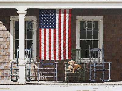 American Flag by Zhen Huan Lu Art Print Poster Patriotic Country Porch Dog 42x32 $74.99