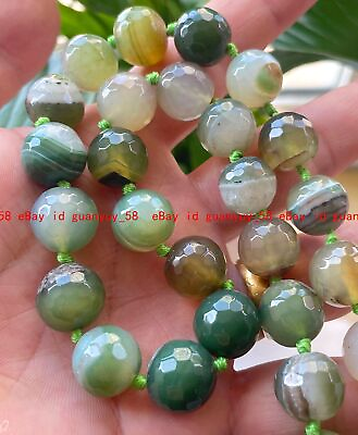 #ad Big 14mm Faceted Green Striped Agate Onyx Gemstone Round Beads Knot Necklace $18.99