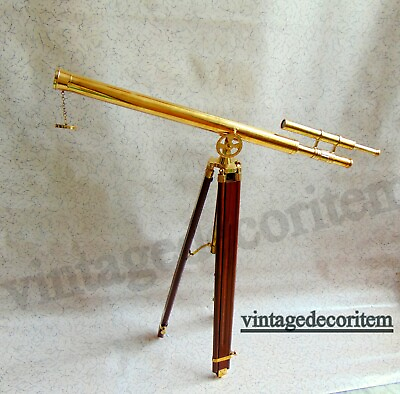 #ad Maritime Solid Brass Telescope Double Barrel Vintage Handmade With Wooden Tripod $152.28