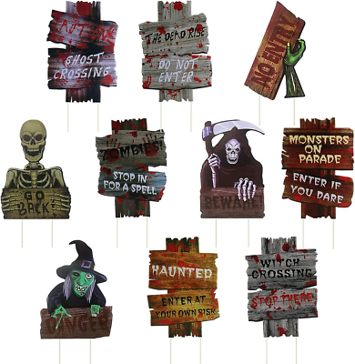 10 Pack Halloween Decorations Outdoor Beware Signs Yard Stakes Warning Yard Sign $41.75