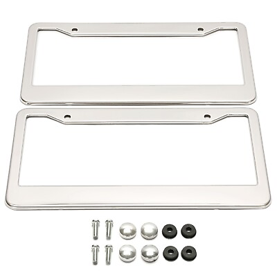 #ad 2PCS Chrome Stainless Steel Universal License Plate Frame tag cover screw caps $6.90