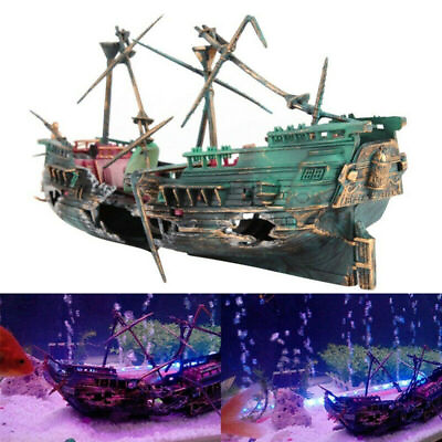 Aquarium Ornament Wreck Boat Sunk Ship Air Split Shipwreck Fish Tank Cave Decor $14.05