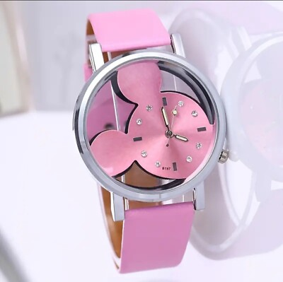 #ad Girls Cartoon Mouse Watch Faux Leather Strap Casual Pink $9.99