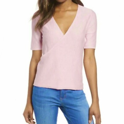 #ad Caslon Women#x27;s Lightweight Faux Wrap Summer Sweater Pink Medium MSRP $49 $24.50