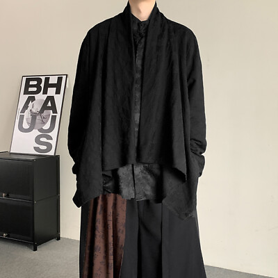 #ad Chinese Style Robe Jacket Men Yamamoto Black Jacquard Hanfu Irregular Cloak Coat $63.19