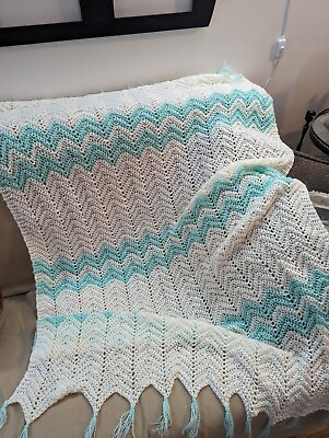 #ad Afghan Baby Blanket Small White And Green $45.99