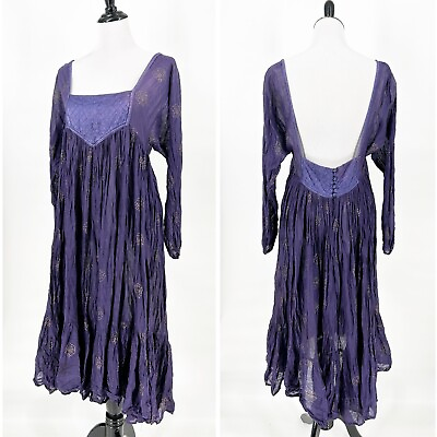 #ad Vintage 70s ADINI Indian Cotton Gauze Maxi Dress Purple Floral Print Size S $265.00