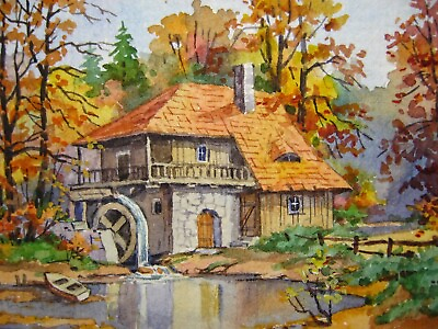 #ad Watercolor Painting House Autumn River Watermill Forest ACEO Art $32.50