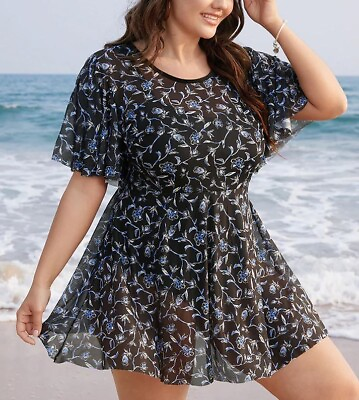 #ad Bloomchic Floral Bodycon Ruffle Sleeve Cut Out A Line Swim Dress 18 20 2X Black $32.00