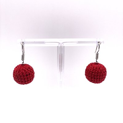 #ad Pierced Earrings Dangle Drop Red Round Ball Knit Estate Costume Jewelry 1 2quot; $7.98