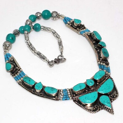 #ad 925 Silver Plated 116gms Tibetan Turquoise Nepali Tribal Necklace Jewelry 15quot; GW $15.99
