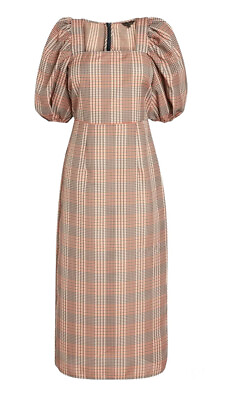#ad Ladies Tailoring Neutral Check Square Neck Puff Sleeve Midi Dress UK 8 22 GBP 25.00