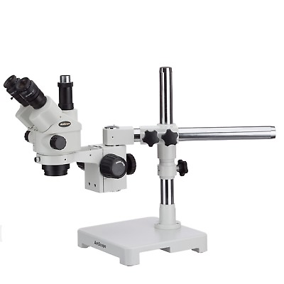 #ad AmScope 7X 45X Simul Focal Zoom Trinocular Stereo Microscope Locking Single Boom $493.99