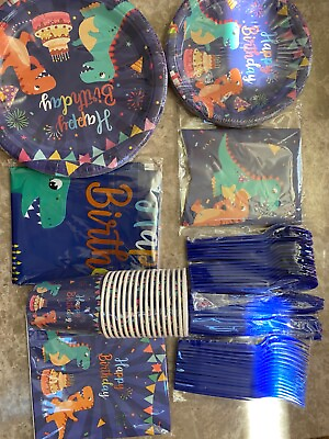 #ad 114 pcs Dinosaur Birthday Supply Set with banner and tablecloth and tableware $12.00