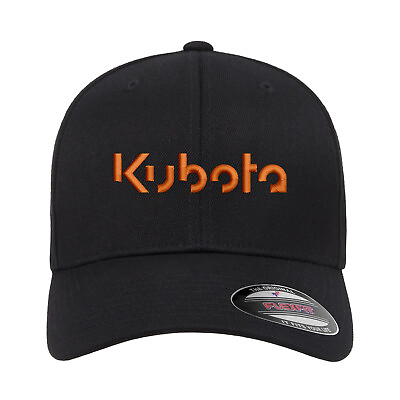 #ad KUBOTA Tractor FLEXFIT Black Embroidered Baseball Hat Cap Flat Curved Brim $23.99