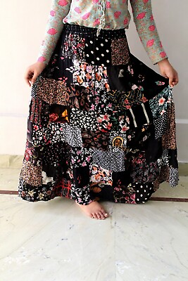 #ad Black Vintage Indian Rayon Patchwork Hippy Gypsy Boho Maxi Women Long Skirts $33.29