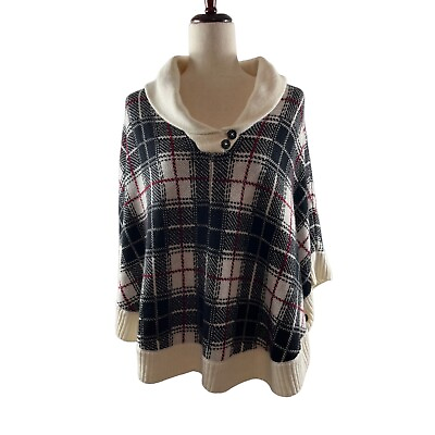 #ad Talbots Lambswool Plaid Knitted Cowlneck Cape Poncho Small NWOT Black Cream $44.99