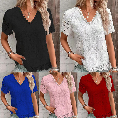 #ad Women V Neck Short Sleeve T Shirt Tops Ladies Lace Pullover Blouse Summer Casual $17.19