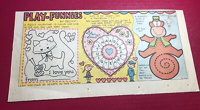 #ad 1969 Play Funnies” Cut Out Valentine’s Cat Monkey Sunday Comic 14x7” $13.00