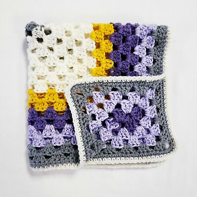 Handmade Crochet Granny Square Baby Blanket Small 22x22quot; Lovey Purple Gold Gray $17.62