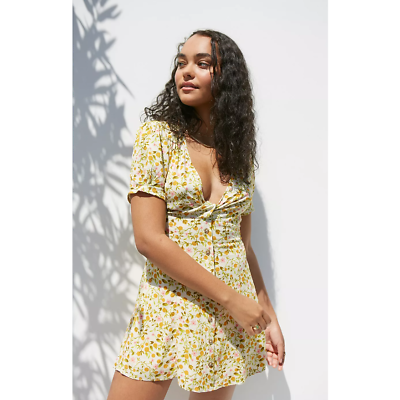 #ad Urban Outfitters Women Size XS Bettie Twist Front Orange Fruit Floral Mini Dress $29.99