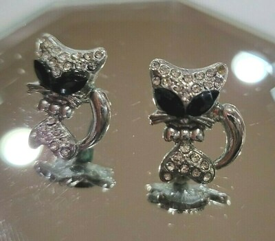 #ad Cat Kitty Earrings Silver Tone Stud Earrings Cat with Black Jewel Eyes .75quot; $8.00