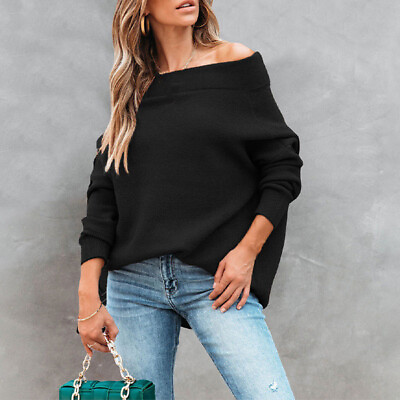 #ad Womens Solid Color Off Shoulder Long Sleeves Loose Pullover Jumper Warm Sweater $39.37