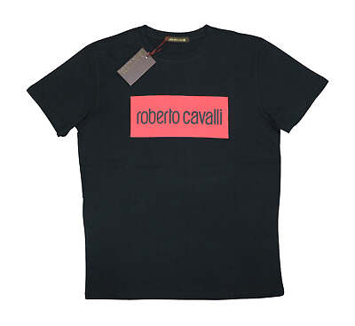 #ad Roberto Cavalli Graphic Print Logo Short Sleeve Crew Neck Mens T Shirt NWT Black $28.95
