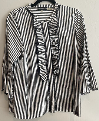#ad Karl Lagerfeld Striped Ruffle Bell Sleeve Blouse Button Up Top Size Large NWOT $29.99